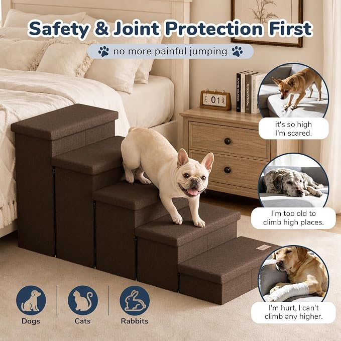 5-Step Wide Dog Stairs with Storage 23" H, Non-Slip Sturdy Pet Steps for High Bed Couch Window, Pet Stairs for Small/Medium/Large Old Dogs Cats Up to 260lbs, Cat Dog Steps for Car/SUV, Coffee