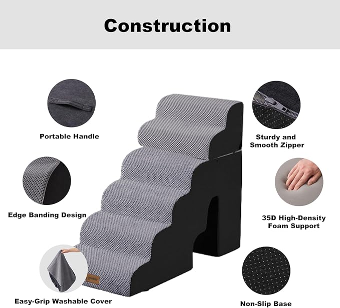 ZOMISIA Dog Ramp for High Beds with Tunnel, 29" H 6 Steps for Large Dog | Tunnel 2 in 1 with Zippers, Suitable for Short-Legged Dogs Get on Bed, Non-Slip Durable Dog Steps with High-Density Foam