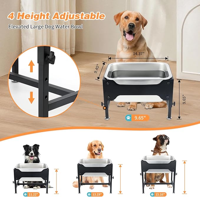 3 Gallon Elevated Dog Water Bowl, Raised Stand for Large Dogs | 4 Adjustable Heights, 9.65-15.16 in Stand, 3 Gallon Bowl, 14 x 10.6 x 5.9 in Size, Indoor Outdoor Use, Easy to Clean
