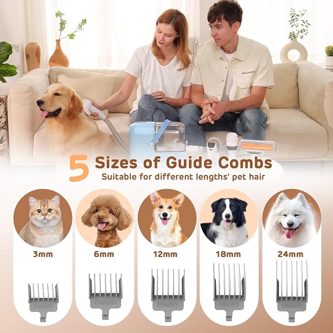 HEAPETS Dog Grooming Vacuum Kit - 3L Vacuum with 7 Tools, Low Noise Electric Clipper and Brush for Pet Shedding at Home, Blue