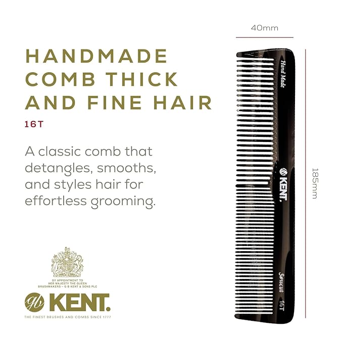 Kent 16T Black Graphite Fine and Wide Tooth for Daily Grooming, Handmade Styling Comb for All Hair Types, Wet or Dry Hair Detangling Comb for Men and Women, Saw Cut Hand Polished, Made in England