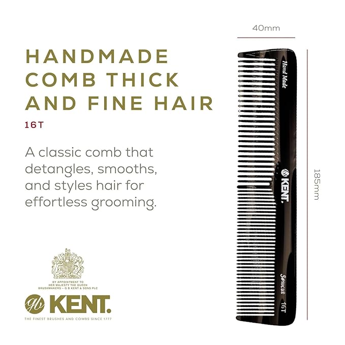 Kent 16T Fine and Wide Tooth for Daily Grooming,Handmade Styling Comb for All Hair Types,Wet or Dry Hair Detangling Comb for Men and Women,Saw Cut Hand Polished, Made in England Graphite