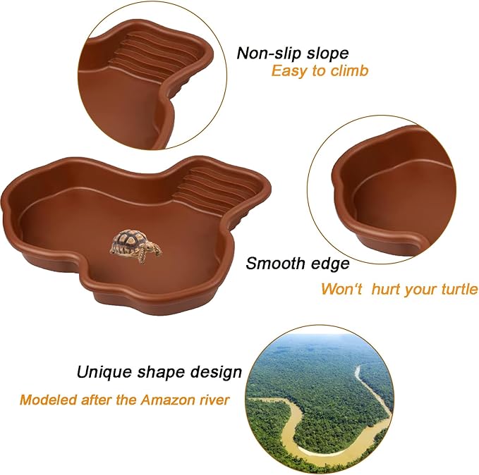 3PCS Tortoise Dish with Ramp Leaf - Tortoise Food & Water Bowls - Reptile Habitat Accessories for Horned Frogs & Lizards - Fit for Bath