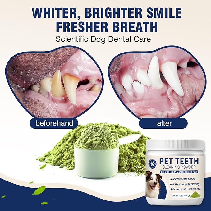Dental Powder for Dogs Teeth Fresh Breath and Teeth Cleaning Contains Natural Ingredients and Probiotics Dental Powder Dog Tartar and Plaque Removes Tooth Cleaner for Dogs 120g (60-Day Supply)