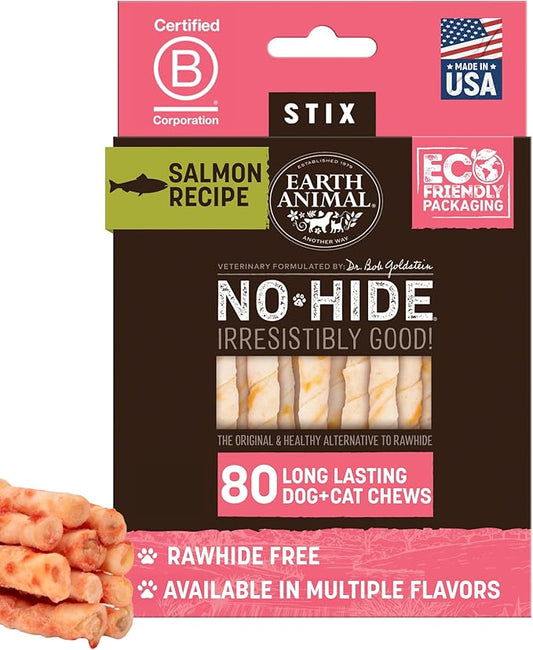 Earth Animal No Hide Stix - Rawhide Free Dog Chews Sticks 80 Count Salmon | Small Sticks Salmon Flavored Natural Rawhide Free Long Lasting Dog Chews - Pet Treats for Small Dogs and Cats