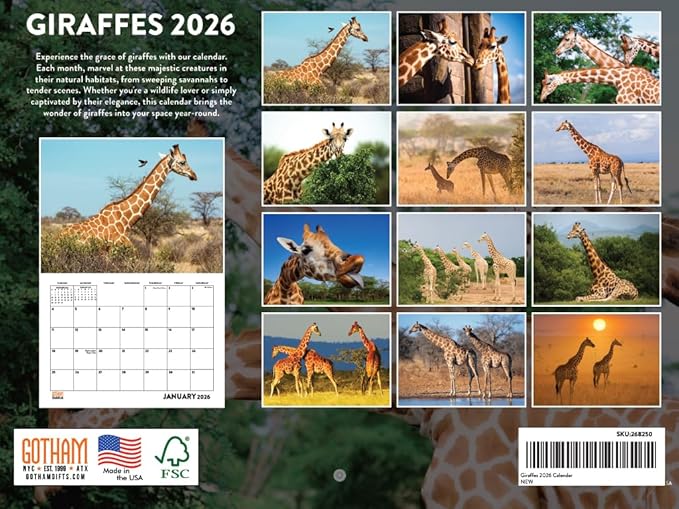Giraffe Calendar 2026 Monthly Wall Calender 12 Month | American Made In The USA