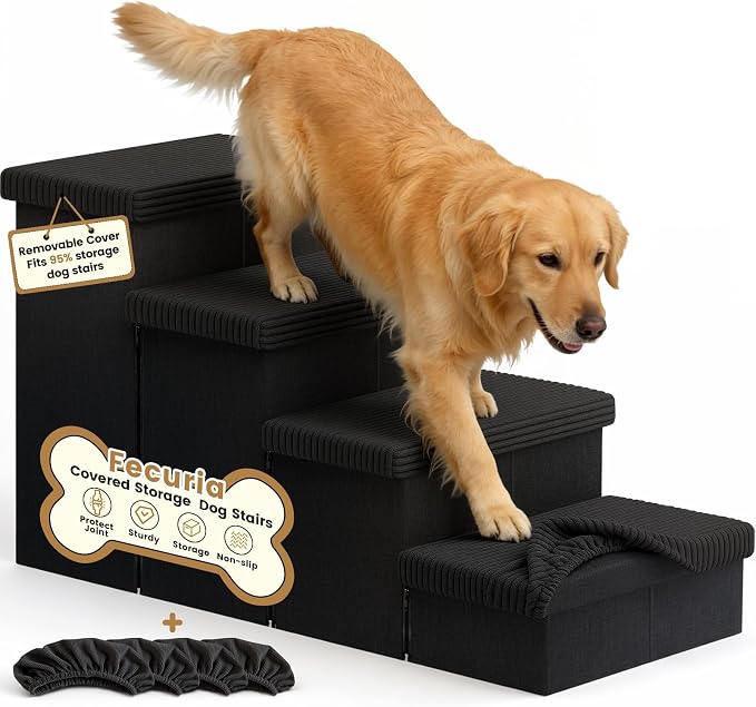 4-Step Wide Dog Stairs 23" H with Removable Cover, Non-Slip Storage Pet Steps for High Bed Couch, Pet Stairs for Small/Medium/Large Old Dogs Puppy Up to 220lbs, Cat Dog Steps for Car, Black