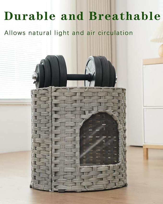 SETVSON Cat House for Indoor Cat, Large Double Cat Houses Cat Bed, Gray | Handwoven PE Rattan Bed Cave with One Soft Pad, Spacious 17 x 17 x 17 In Foldable Kitten Hideaway, Easy to Clean