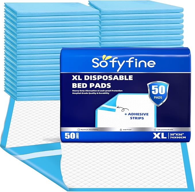 SOFYFINE 100 Count Disposable Bed Pads with Adhesive Strip 30"x36" | Thicken Elderly Adults Incontinence Underpads,Heavy Duty Absorbent Chucks Waterproof,XL Extra Large Puppy Pee Training Pad