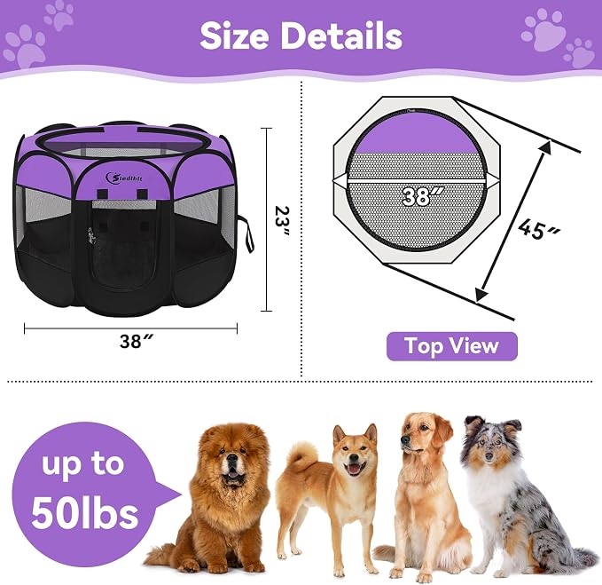 Siedihit Large Dog Playpen, Puppy Pet Playpen Indoor, Dogs Tent Crates Cage | Indoor/Outdoor, Portable Pop Up Dog Kennel Playpen with Carrying Case for Dogs/Cats/Rabbits, Purple