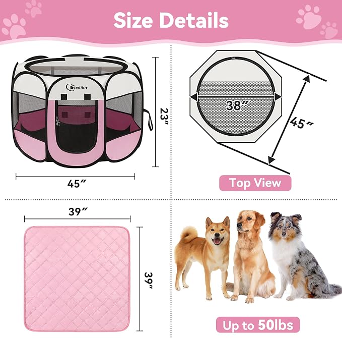 Siedihit Dog Pet Playpen Tent Crate Cage with Washable Pee Pad, Large Pink | Travel Camping Portable Pop Up Easy to Set up lightweight dog Kennel with Carrying Bag for Indoor/Outdoor Wide applicability