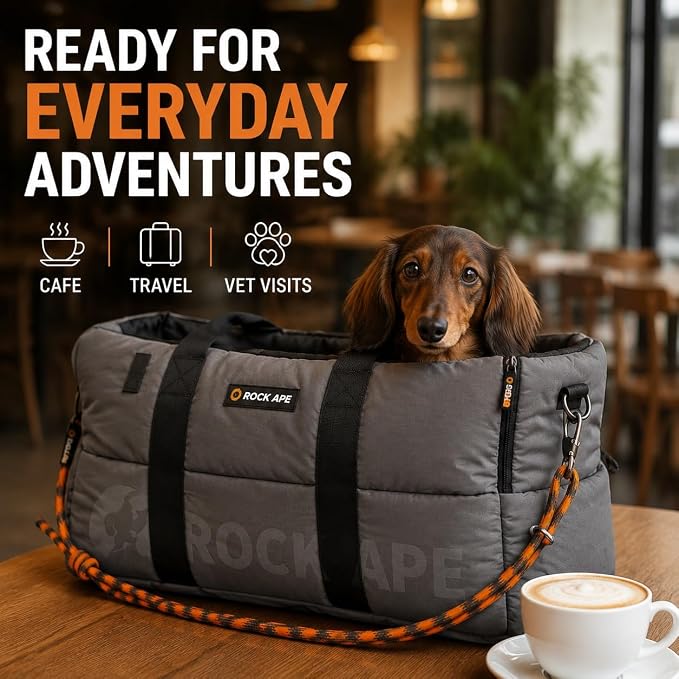 ROCK APE Water-Resistant Pet Carrier Tote, 280D Taslan Soft-Sided Travel Bag for Small Dogs & Cats, Lightweight Dog Purse with Padded Mat & Safety Leash (Grey)