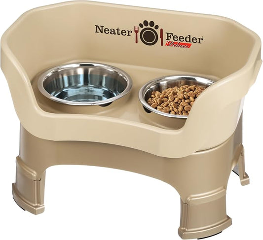 Neater Feeder Deluxe Mess-Proof Elevated Dog Bowls for Medium Dogs (19–40 lbs), 2 Height Adjustable (10” & 12.5”) No-Spill Raised Dog Bowl Stand, Stainless Steel Food Bowl Set, Made in USA, Cappuccino