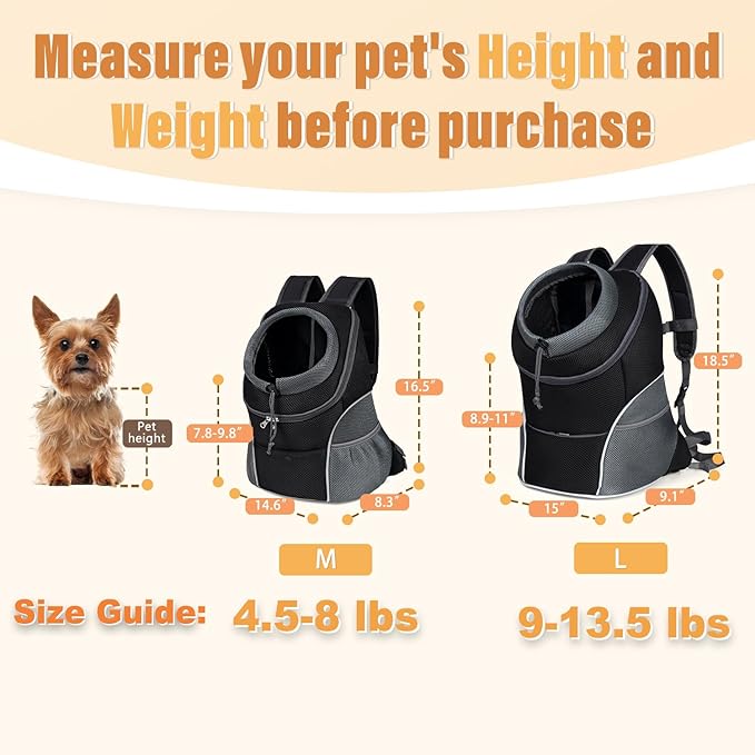 YUDODO Dog Front Carrier Backpack, Adjustable Breathable Dog Backpack | Ventilated, Safety Belt, Lightweight, Reflective Strip, Pocket Storage, For Walking Hiking Outdoor, Black, L