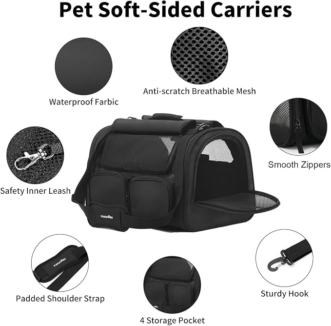 FUKUMARU Cat Carrier, Airline Approved Dog Carrier with Rollable Cover | Breathable Soft Cat Carrier, Multiple Doors & Storage Pockets Cat Travel Bag, Durable Pet Carrier for Cat Under 15 lb, Black