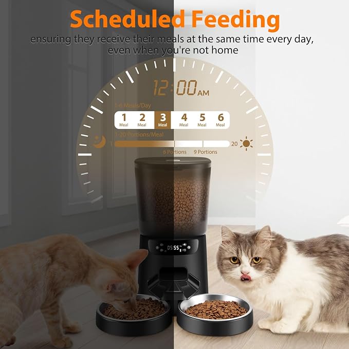 Automatic Cat Feeders for Two Cats, 5L/20 Cups Double Automatic Cat Food Dispenser with 2 Stainless Bowls, Timer Setting 20 Portions 6 Meals Per Day, 10s Meal Call (Black)