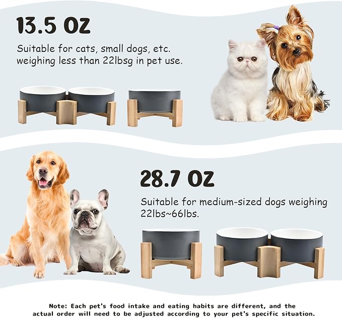 SPUNKYJUNKY 15° Slanted Ceramic Dog and Cat Bowl with Wooden Stand, Tilted Bulldog Food and Water Bowl No Slip Non-Spill for Cats Medium Dogs Big Face Pets 28.7 OZ (3.6 Cups, White-Grey × 2)