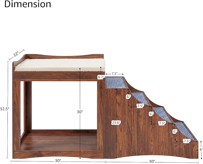 unipaws Large Pet Bunk Bed with Removable Step for Dogs and Cats | Multi-Level Bed Window Perch Seat Platform with Cushion, Indoor Use, Walnut