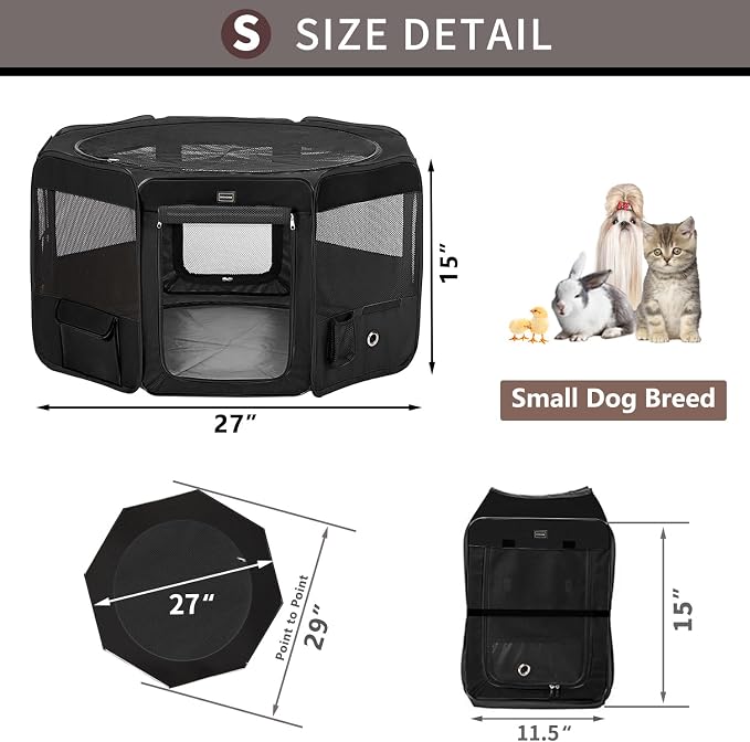 Dog Playpen Portable Pet Play Pens for Small Dog/Cat/Rabbit/Chicks, Cat Playpen Indoor/Outdoor with Carring Case, Removable Zipper Top and Bottom (Black, Small (29"x29"x15"), 8)