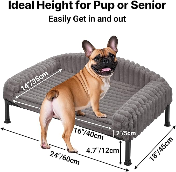 Veehoo Elevated Dog Bed with Bolster Cushion, Fluffy Plush Dog Couch Beds for Small Dogs, Cats, Washable Raised Pet Cot with Non-Slip Feet for Indoor or Patios Use, 24 x 18 Inches, Grey