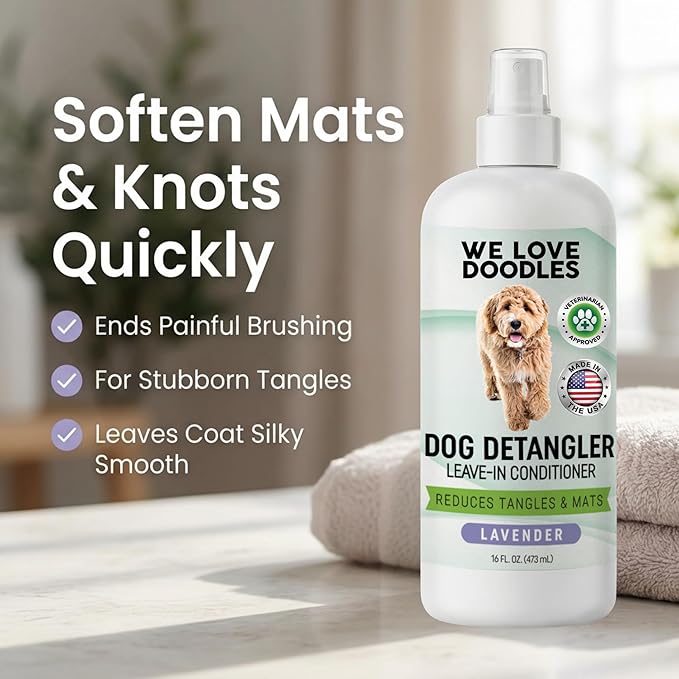 Large Slicker Brush & Lavender Detangler Spray Pack, Dog Grooming at Home | Best Brush For Long Haired Dogs, Dematting Comb & Detangling Spray For Goldendoodle Coats, Puppy Matting Grooming Supplies