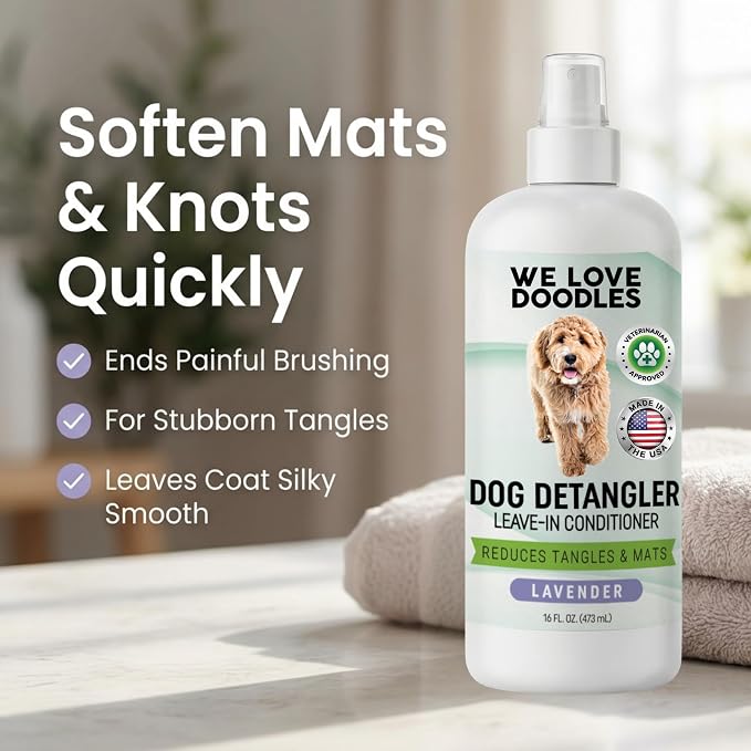 Small Slicker Brush & Lavender Detangler Spray Pack, Dog Grooming at Home | Best Brush For Long Haired Dogs, Dematting Comb & Detangling Spray For Goldendoodle Coats, Puppy Matting Grooming Supplies