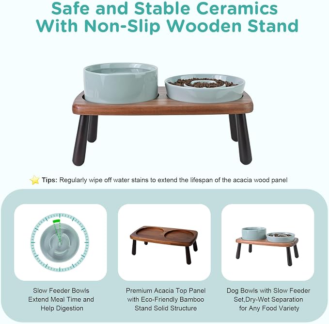 SPUNKYJUNKY Ceramic Elevated Dog Bowls with Slow Feeder Raised with Acacia Bamboo Wooden Stand, 6.1'' Dog and Cat Food Water Bowls Set Non-Slip for Small Medium Sized Breed - Light Green