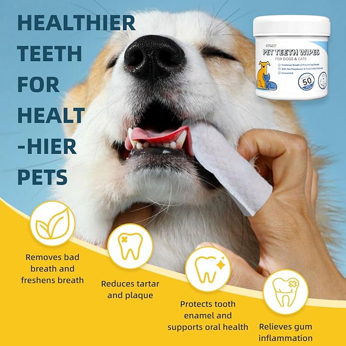 Opdent No-Rinse Dog Teeth Cleaning Wipes - Cat & Dog Fresh Breath Pet Dental Finger Wipes, Dog Toothbrush Dental Wipes to Easy Remove Plaque & Tartar, Gently Cleans Discharge (50 pcs, Unscented)