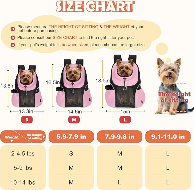 WOYYHO Pet Dog Carrier Backpack, Ventilated Mesh Small Dog Front Backpack | Breathable Puppy Back Pack, with Safety Belt, Storage Pockets, for Travel Hiking Cycling Outdoor Adventures, Pink, S