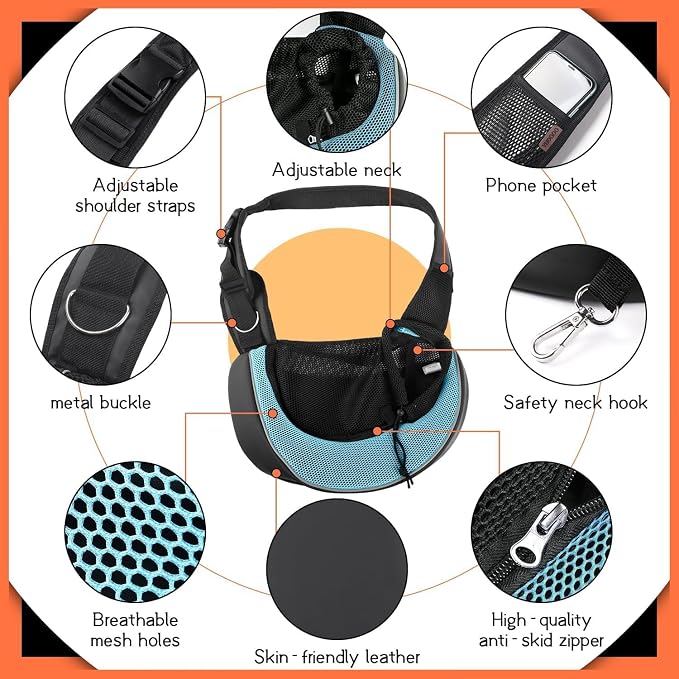 YUDODO Pet Sling Carrier for 2-5 lbs Small Dogs Cat Puppy Crossbody Carrier | Bottom support, Safety Hook, Large Zipper Pocket, Soft Breathable Mesh, Adjustable Strap, Reflective Strip, Cyan, S