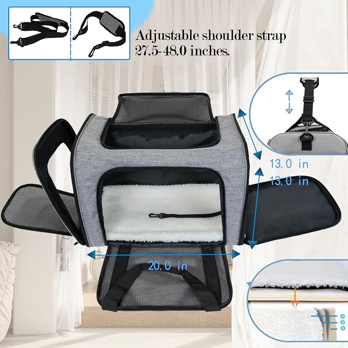 Top tasta Dog Cat Carrier Pet Carriers for Large Cats Small Dogs Carrier Soft Sided Puppy up to 25Lbs Dog Carrier Portable Foldable Dog Cat Travel Carrier (Large-Grey& Black -20 * 13 * 13)