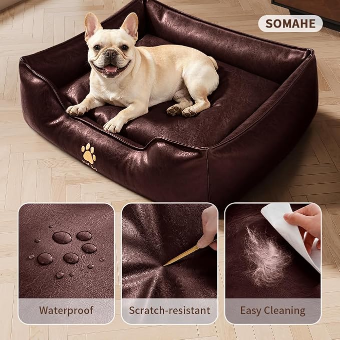 SOMAHE Waterproof Leather Dog Bed, Bolster Couch, 24x19x9 Caramel | Wipe-Clean Waterproof Leather + Removable Cushion: raised bolsters create a cozy bed for small-medium dogs.