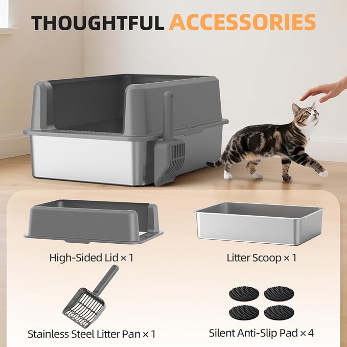 WoofiGo Enclosed Stainless Steel Cat Litter Box with Lid, XL Extra Large Litter Box for Big Cats, Metal Litter Pan High Sided, Never Absorbs Odors, Anti-Urine Leakage, Include Scoop (65-LightGray)