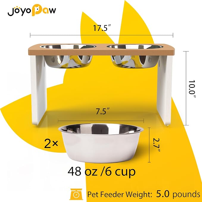 Elevated Dog Bowls, Waterproof Raised Dog Bowl for Medium & Large Dogs, HIPS Poly Lumber Stand with 2 Stainless Steel Bowls, Indoor & Outdoor Use (10'' Tall–48 oz Bowl, Teak-White)