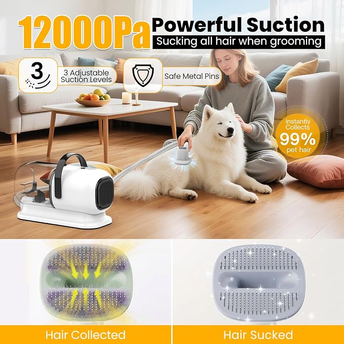 FIXR Dog Grooming Vacuum, All-in-One Pet Grooming Kit with Hair Clipper & Shedding Brush, Low Noise 12,000Pa Dog Hair Remover Vacuum, Pet Groomer Set with Cleaning Brushes, PG01