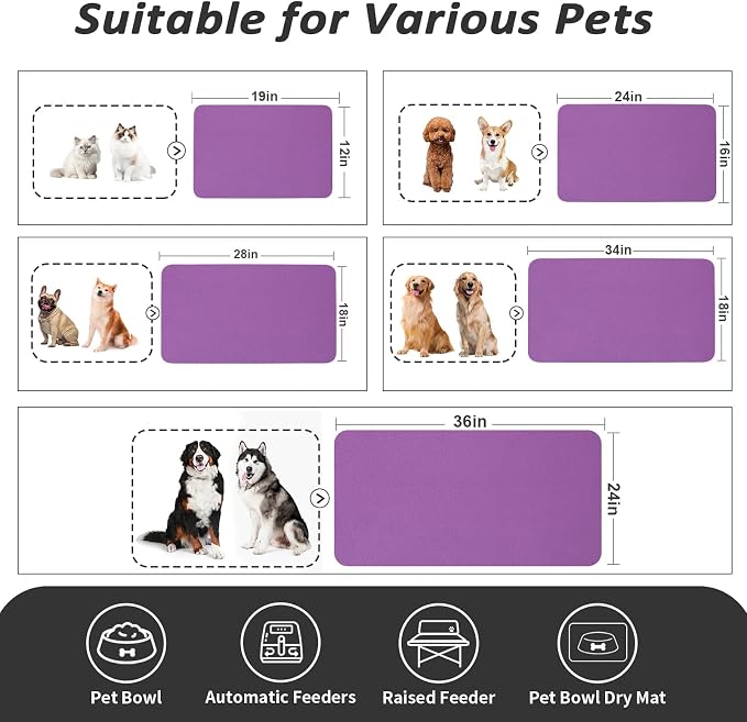 HotLive Dog Food Mat - Absorbent Cat Mat for Food and Water, No Stains Pet Feeding Bowl Mat, Easy to Clean Pet Placemats, Quick Dry Dog Water Dispenser Mat for Messy Drinkers | Purple 16"x 24"