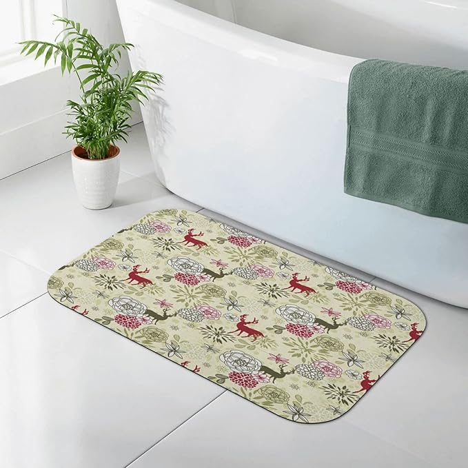Diatomaceous Floor Mat, Winter Washable Floor Mat, Deer with Blossoming Flowers Abstract Christmas, 31.4" W x 19.6" L, Eco-Friendly Easy to Clean,Pale Green Olive Green Ruby