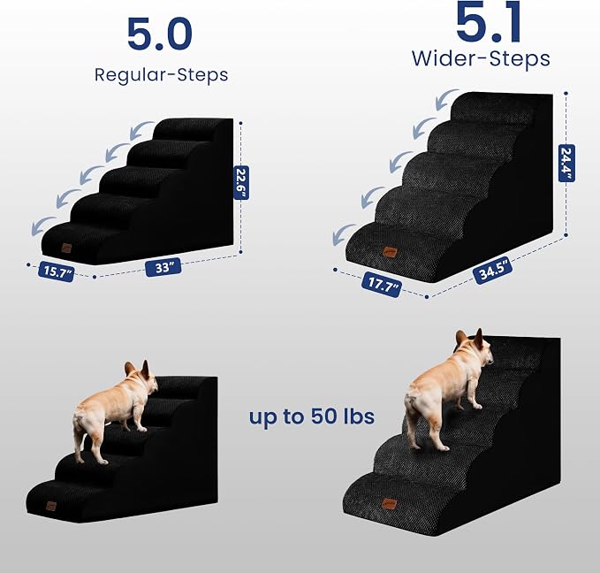 GoGoBunny Ramp Dog Stairs for High Beds 24.4" H, 5-Step Extra Wide Dog Slope Stairs with Durable Waterproof Fabric Cover, Pet Steps for Old Large Dogs Climbing, Non-Slip Sturdy Indoor Step, Black