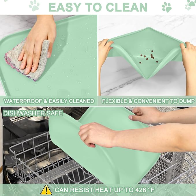 SMILOOL Waterproof Silicone Pet Food Mat with Raised Edge for Dog & Cat | 24" x 16" Non-Slip Pet Feeding Mats with Lip for Food & Water Bowl, Food Grade, Easy Cleaning, Mint Green