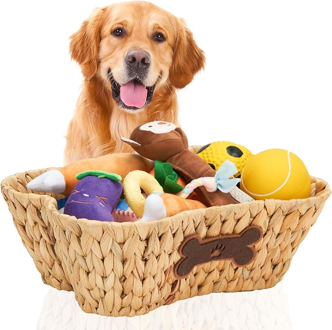 Wicker Basket for Pet Toys, 2 Pack Stylish and Natural Dog and Cat Toy Basket, Dog Storage Organizer with Bone Shape