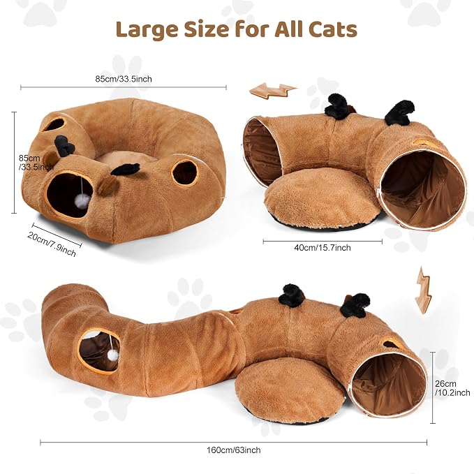 Cat Tunnel Bed with 20 Pcs Interactive Toys, 3-in-1 DIY Collapsible Plush Cat Tube with Washable Mat, Large Indoor Play Tunnel Cave for Kittens and Small Animals