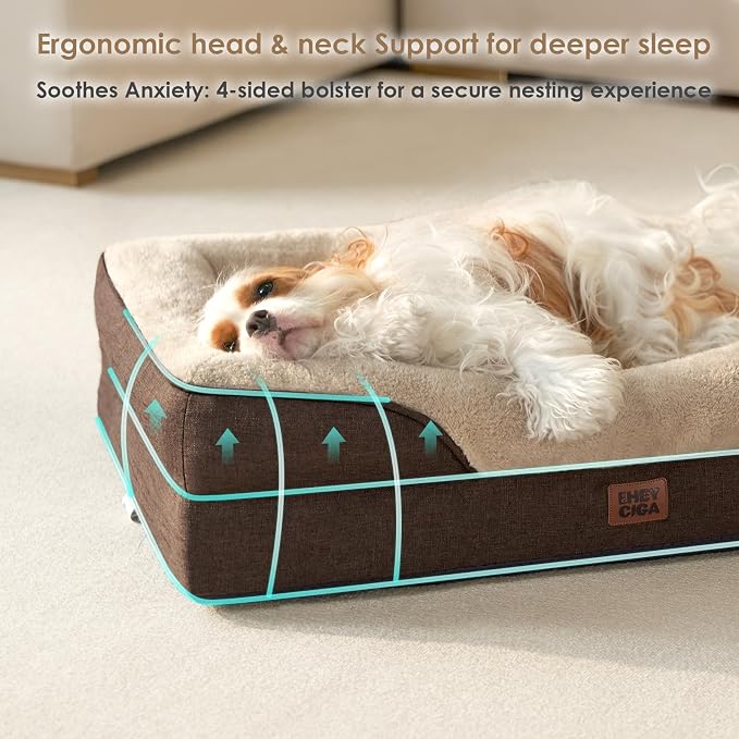 EHEYCIGA Orthopedic Dog Bed for Medium Dog, 30x20 Inch Memory Foam Dog Couch Bed with Sides, Waterproof Liner & Washable Removable Cover, Bolster Pet Sofa, Brown