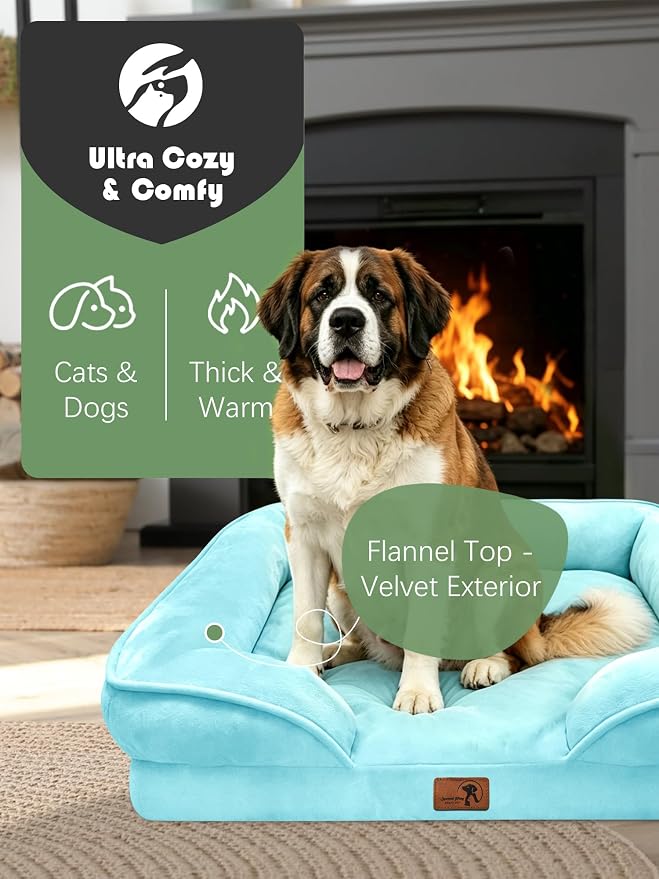 Spotted Play Orthopedic Dog Bed with Sides - Sofa Beds for Extra Large Dogs, Supportive Foam Pet Couch Bed with Washable Removable Cover, Waterproof Lining and Non-Slip Bottom, Ice Blue - XXL