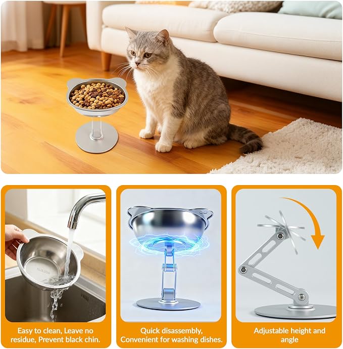 BEAVE NIUNIU Adjustable Elevated Cat Bowl Single Stand Tilted Feeder | 330ml Wide SS Bowl, 7.9in Max Height, Ergonomic Feeder for All Cats & Small Dogs