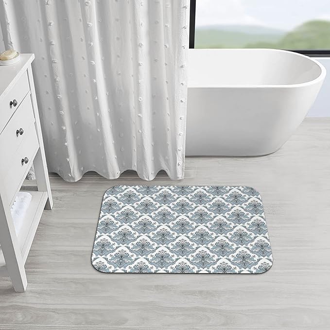 Bathroom Floor Mat, Winter Diatomaceous Mat, Damask Classical Flowers Old Fashioned Foliage, 23.6" W x 15.7" L, for Home, Office, Sink,Grey Pale Blue White