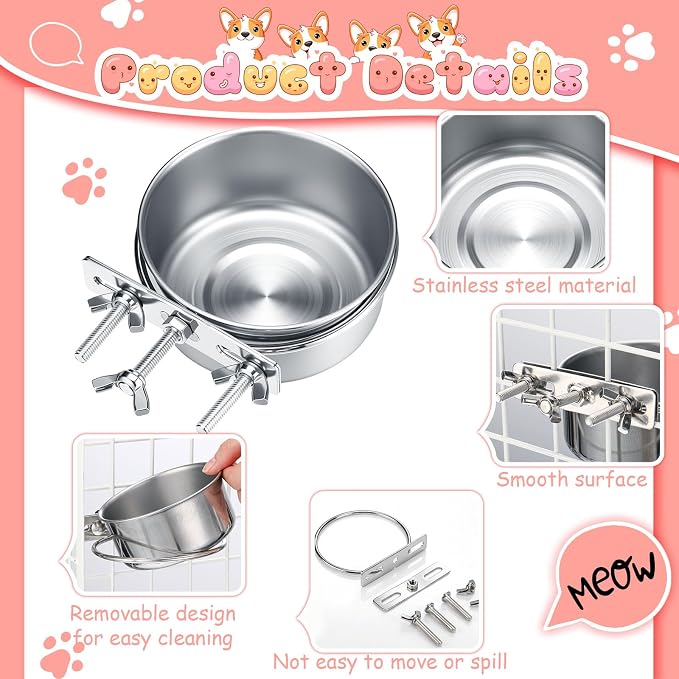 Silkfly 14 Pack Stainless Steel Hanging Dog Crate Bowls, Non-Spill Kennel Food & Water Bowls with Screw Clamp Holders, Removable, Easy to Clean Metal Cage Feeder for Pets(29 oz)
