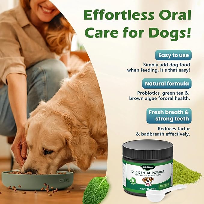 Dog Teeth Cleaning Powder, Dog Dental Powder and Cats Breath Freshener, Bad Breath & Tartar Remover for Dogs, Natural Herbal Blend of All Breeds, 200 Grams(90-Day Supply)
