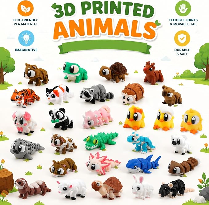 29 Pcs Mini 3D Printed Animal Statues Figurines Set Movable Joints Surprise 3D Printed Animals Cute Desk Decor Party Favors for Adults Home Office Desk Decoration Display