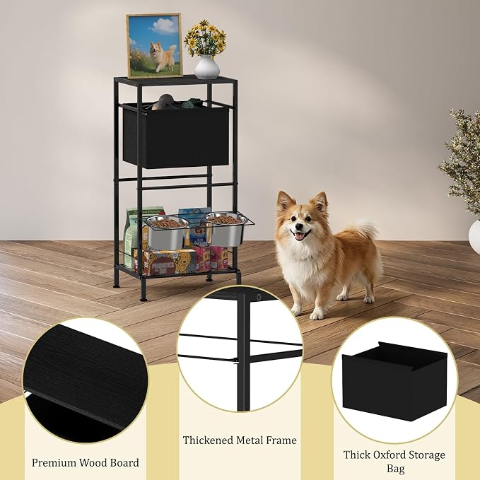 Raised Dog Bowl Stand with Storage Basket and Shelves, Height Adjustable | Dog Feeding Station with Pet Storage Organizer for Small Medium Large Dogs Cats, Black