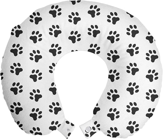 Ambesonne Paw Print Travel Pillow Neck Rest, Puppy Kitten Dog and Cat Themed Repetitive Pet Foot's Stains Concept, Memory Foam Traveling Accessory for Airplane and Car, 12", Grey White